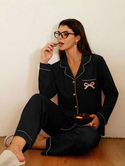 SHEIN Doze Lane Contrast Trim Solid Color Collar Bow Embroidery Pocket Women Pajama Set
