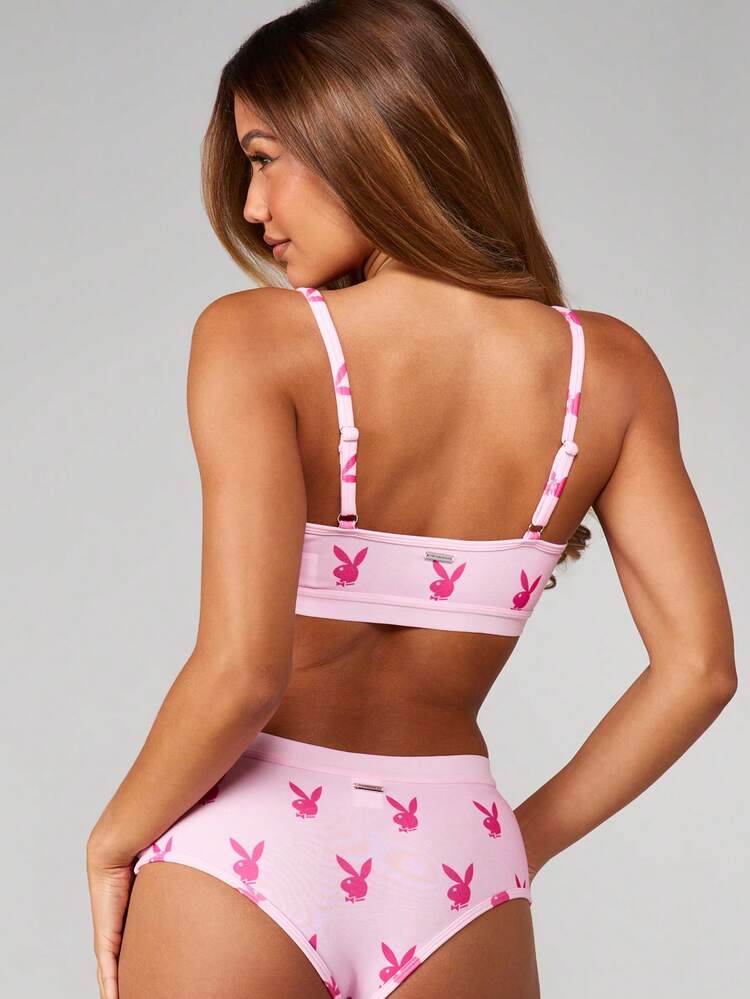 Missguided x Playboy Bunny Print Scoop Neck Bra And Boyshort Brief Underwear Set Cute Animal Pattern Lingerie