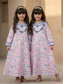 SHEIN جلابياتjalabiya Tween Girl Casual Floral Print Round Neck Long Sleeve Dress - Multicolor - View 9
