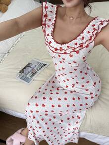 Dream Adore Women's Romantic Heart Print Ruched Ruffle Collar Mid-Length A-Line Nightgown Ruffle Strap Dress Heart Print Dress Women - Red - View 3