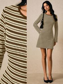 Poéselle Women's Casual Everyday Commute Full Print Flare Sleeve Waist Cinched Dress, Spring/Autumn - Brown - View 1