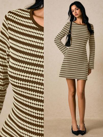 Poéselle Women's Casual Everyday Commute Full Print Flare Sleeve Waist Cinched Dress, Spring/Autumn