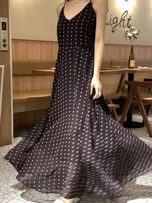 DAZY 女士波点优雅时尚约会派对长吊带连衣裙 - 棕色 - 查看 11