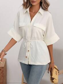 Wandoria 女士春夏法式优雅奢华简约高端休闲波西米亚风度假/工作装复古风舒适纯色亚麻质感衬衫领V领隐形门襟落肩袖实用口袋配腰带腰部系带短袖衬衫 - 米色 - 查看 8