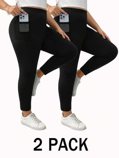 SHEIN Essnce Plus-Size Women's Spring/Summer Fashion Casual Sportswear Stretchy Comfortable Everyday Basic Versatile Slimming See-Through Pocket Black Leggings 2 Pack,Spring Outfits,Women Bottom,Street Wear,Curve Pants