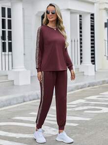 SHEIN LUNE 2件套豹纹拼接圆领长袖上衣和裤子休闲女装 - 鏽棕色 - 查看 5