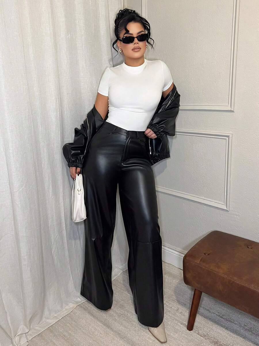 Dayanna Comas 女士皮革女裤纯色前扣简约休闲裤、日常穿着、女士下装 - 黑色 - 查看 1