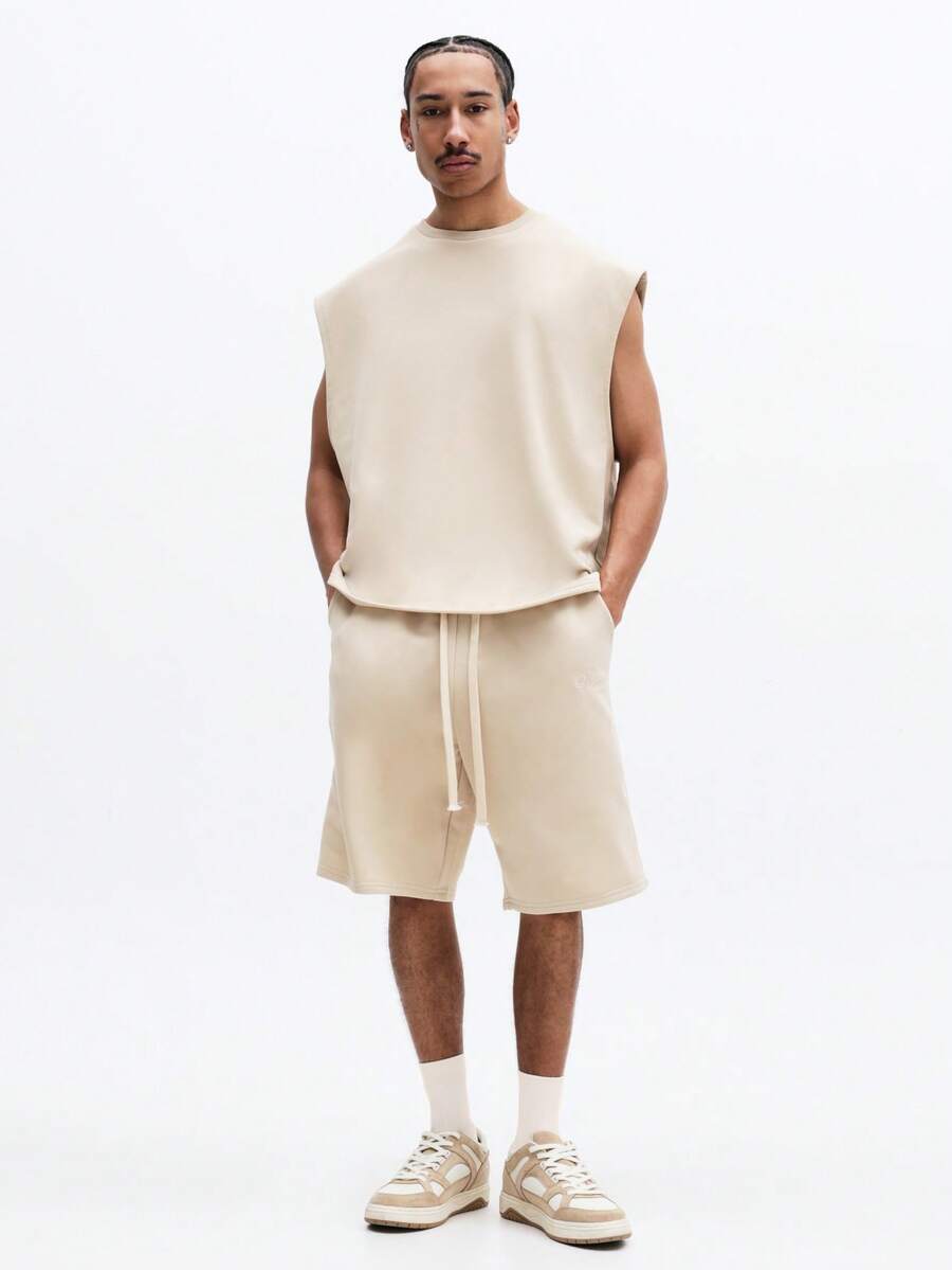 SUMWON Elliot 1965 Script Sleeveless Tank Top And Drawstring Shorts Co-Ord Set Casual Summer Two Piece Outfit Regular Fit Crew Neck - Black - View 1