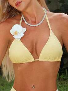 Swim Mod Áo bikini mùa hè dành cho nữ, màu trơn, họa tiết hoa 3D, kiểu buộc dây cổ, thời trang. - Màu vàng - Xem 5