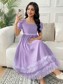 SHEIN Tween Girl Elegant Square Neck Pearl Decor Ruffle Hem Mesh Trim Dress Tween Girl - Purple - View 5