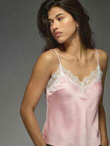 MISSGUIDED 蕾丝边缎面吊带背心 V 领无袖上衣 夏季休闲节日叠穿 - 藕粉色 - 查看 5