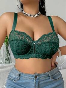DesireSculpt 1 pieza Sujetador con aros de encaje para mujer de talla grande - Verde militar - Ver 6