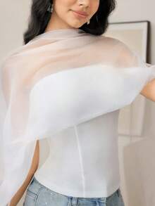 Modelyn 女士优雅纯色网纱披肩上衣 - 白色 - 查看 6