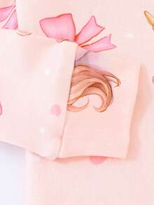 女婴紧身粉色蝴蝶结独角兽数码印花长袖拉链连体衣 - 粉色 - 查看 5