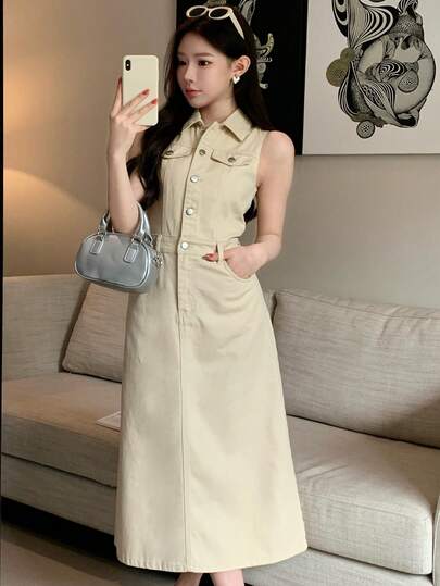 DAZY Women's Casual Solid Color Washed Faux Pocket Lapel Sleeveless Denim Dress, Summer