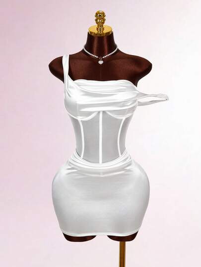 Amplova Women's W-Shaped Underwire Cup Fishbone Tape Dress, Asymmetric Oblique Shoulder Mini Dress, A-Line Sexy & Avant-Garde, Suitable For Dates, Spring/Summer Outfit, White