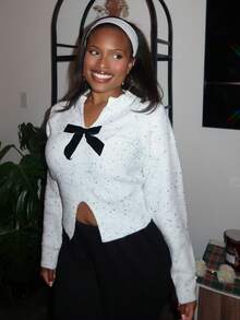 Tyla Gomez New V-Neck Bowknot Cropped Sweater With Side Slits, Delicate And Elegant,Long Sleeve Tops Knit Pullover Fall Winter Outfit - White - View 1