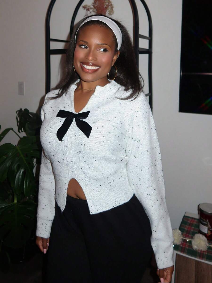 Tyla Gomez New V-Neck Bowknot Cropped Sweater With Side Slits, Delicate And Elegant,Long Sleeve Tops Knit Pullover Fall Winter Outfit - White - View 1