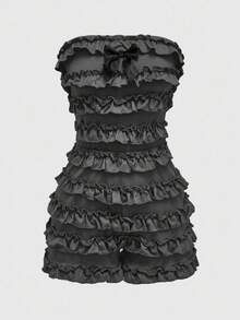 ROMWE Grunge Punk Mono mini con volantes multicapa de color negro sólido estilo Harajuku chic para mujer de talla grande - Gris Oscuro - Ver 5