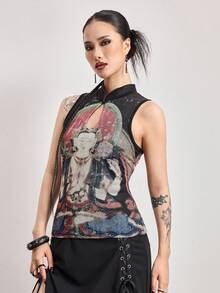 ROMWE 新款中国风佛像彩绘花卉印花女式上衣 - 彩色 - 查看 5