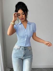 SHEIN Elenzya Women's Front Button Fitted Striped Puff Sleeve Blouse - Blue - View 3