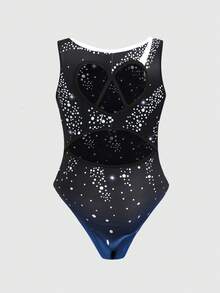 SHEIN 少女休闲运动优雅体操瑜伽高弹力扎染印花露背镂空连体紧身衣 - 黑色 - 查看 2