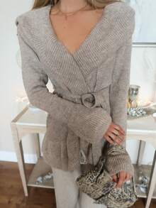 Sydney Algeri Women's Basic Minimalist Elegant French Fashion Romantic Tie-Front Cardigan - Camel - View 3