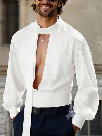 Manfinity AFTRDRK Camisa casual de hombre con cuello hueco de unicolor, camisa transparente para hombre, camisa sexy para hombre, camisa blanca de hombre, camisa de boda de hombre para uso diario, ocio, viajes de fin de semana, expediciones de viaje, entornos de trabajo relajados, regalo para novio/esposo, regalo de aniversario/cumpleaños, fiesta, vacaciones de verano