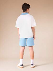 SUMWON Boys Polo Co-Ord Set With Light Blue Contrast Color Block Design Short Sleeve Summer Casual Matching Outfit - Apricot - View 2