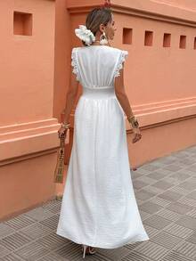 Selianne Women's Lace Patchwork V-Neck A-Line Dress, French Style Vacation Dress - White - View 2