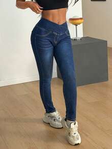 SHEIN PETITE PETITE Summer And Spring Women's Fashion Casual Elastic Cross-Over Waistband Design Comfort Knit High-Stretch Skinny Denim Jeans - Medium Wash - View 6