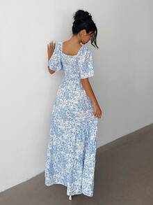Selianne Summer Short Sleeve Vacation Beach Music Festival Pink Floral Dress - Baby Blue - View 2