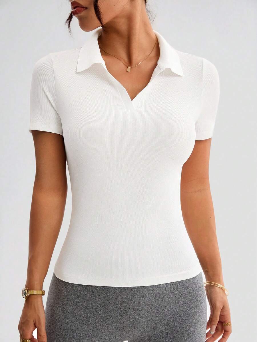 With My Calm Women's Basic Polo Shirt With Collar And V-Neck, Suitable For Sports, Yoga, Outdoor Fitness - White - View 1