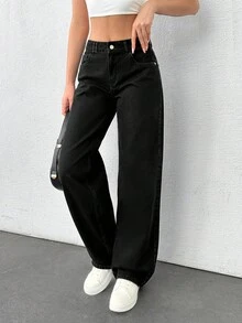 EURMUSE Quần jeans ống đứng cạp thấp 100% cotton - màu đen - Xem 5