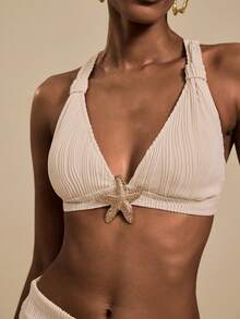 Vesra Women's Summer Vacation Halter Apricot Textured Fabric Bikini 3 PiecesSwimsuit Set, Beach Outfit - Apricot - View 6