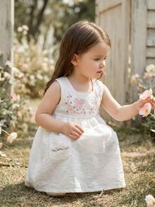 Vintaside Kids Baby Girl Summer Bow Embroidery Sleeveless Square Neck White Dress