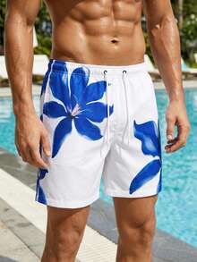Manfinity VDAYZ Men's Floral Print Drawstring Waist Beach Shorts Men Swim Trunks Couple Matching Swim Sets For Couples His And Hers Swim Suit Sets Couples Matching Swimwear His And Hers Swim Wear Matching Swimwear For Couples Couple Bathing Suit Set Beachwear Matching Couple Couple Swimsuits - Blue - View 5