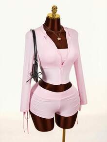 Amplova 2026新款基础款三件套，运动外套，休闲收腰女装 - 粉色 - 查看 9