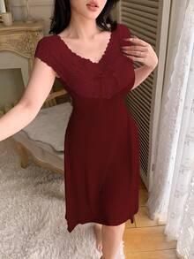SHEIN Women's Elegant Solid Deep V-Neck Lace Trim Nightgown, Summer - Red - View 3