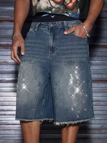 AXEPEAK 男士休闲牛仔短裤，斜插口袋，水钻装饰，毛边裤脚 - 藍色 - 查看 2