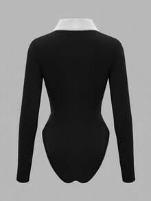 Glimmora Women's Casual Long Sleeve 2 In 1 Bodysuit, Suitable For Daily Wear, Commuting, Workplace, Spring/Autumn - Black - View 2