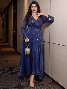 Modelyn 大码女式优雅束腰水钻装饰简约连衣裙 - 寶藍色 - 查看 1