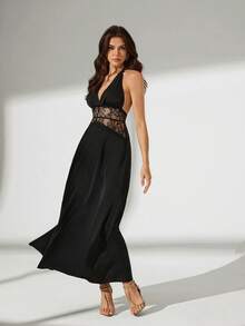 Bluhae Elegant Sexy Spaghetti Strap Lace Hollow Out Waist Midi Dress For Women - Black - View 5