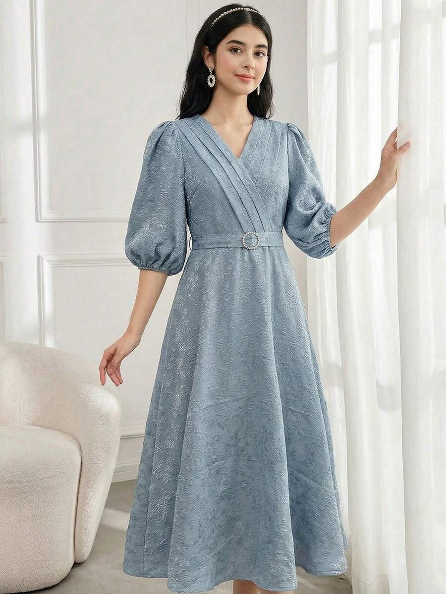 SHEIN Teen Girls' Blue Mist Blue Puff Sleeve Textured Jacquard Waist Fit & Flare Elegant Dress - Dusty Blue - View 1