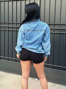 Vassilux 女士宽松休闲落肩半拉链牛仔夹克春秋 - 藍色 - 查看 2