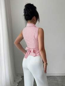 Elenzga 无袖V领系腰蝴蝶结优雅迷人女式衬衫 - 紅色 - 查看 2