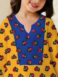 SHEIN Đầm maxi Kaftan thanh lịch, cổ điển, độc đáo, trang nhã dành cho bé gái, họa tiết hoa, màu đỏ tía hồng, phối vàng và xanh lam, thích hợp cho mùa xuân/hè, lễ hội, quý cô thanh lịch, đầm maxi dài tay cổ chữ V dáng rộng kiểu Ả Rập, thích hợp cho các buổi lễ kỷ niệm, mặc hàng ngày, đi chơi, kỳ nghỉ vui vẻ, Abaya, trang phục truyền thống Ả Rập, Jalabiya, Abaya - Nhiều màu - Xem 4