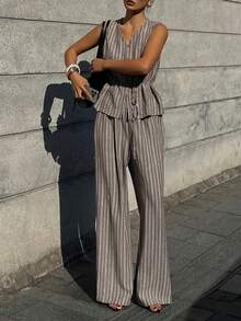 DAZY Women's Casual Striped Sleeveless Shirt And Pants Suit, Summer - Brown - View 6