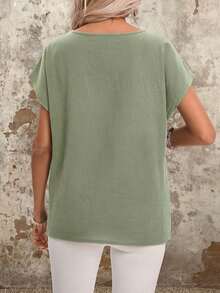 EMERY ROSE 纽扣细节圆领蝙蝠袖休闲衬衫 女士夏季纯棉衬衫 - 綠色 - 查看 2