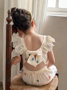 LMoss Kids 少女心形印花荷叶边领休闲连体裤 - 彩色 - 查看 5